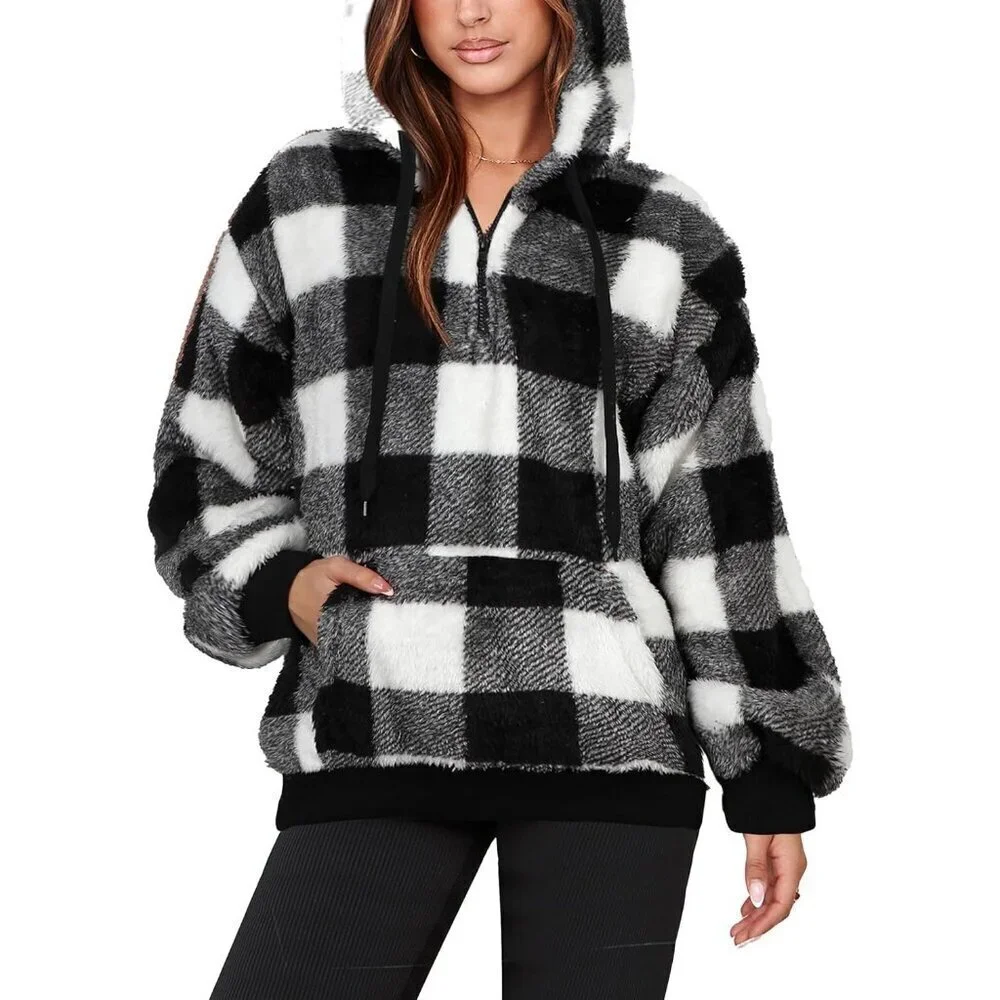 Women Black and White Plaid Oversized Fuzzy Fleece Zip up Hoodie Sweatshirt